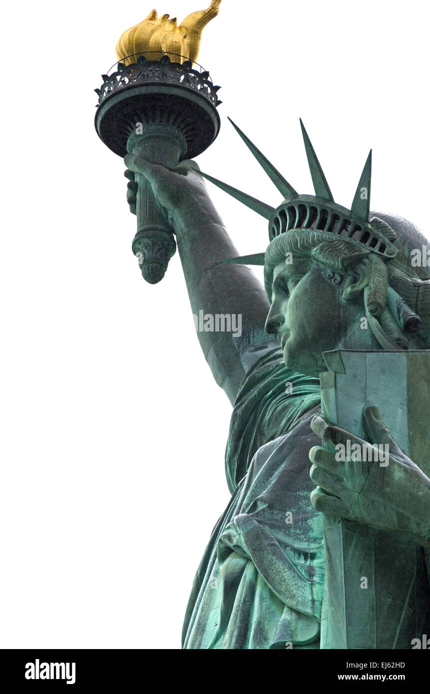 Closer view of the Statue of Liberty, New York City, on a white background. Stock Photo