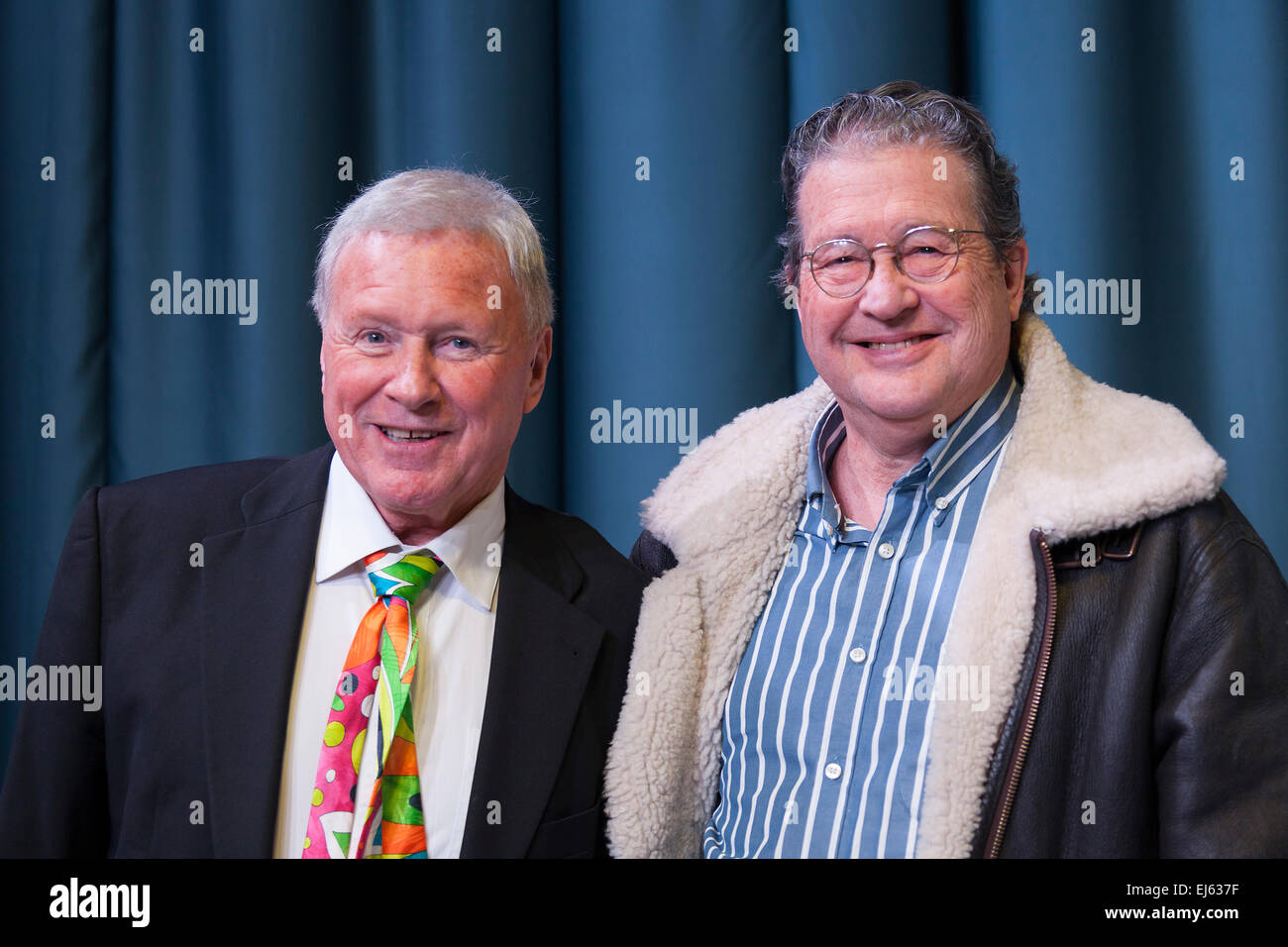 Walsall, West Midlands, UK. 22 March 2015. David Hamilton (L) with Clive Doig British television producer director (R) at a recording of ‘The David Hamilton Show’ for Big Centre TV. Hosted by presenter and broadcaster ‘Diddy’ David Hamilton the show features famous personalities from across the music and television spectrum. Credit:  John Henshall / Alamy Live News PER0541 Stock Photo