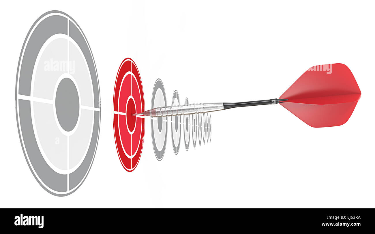 Red Dart. Horizontal row of targets. Red dart hitting target. Stock Photo