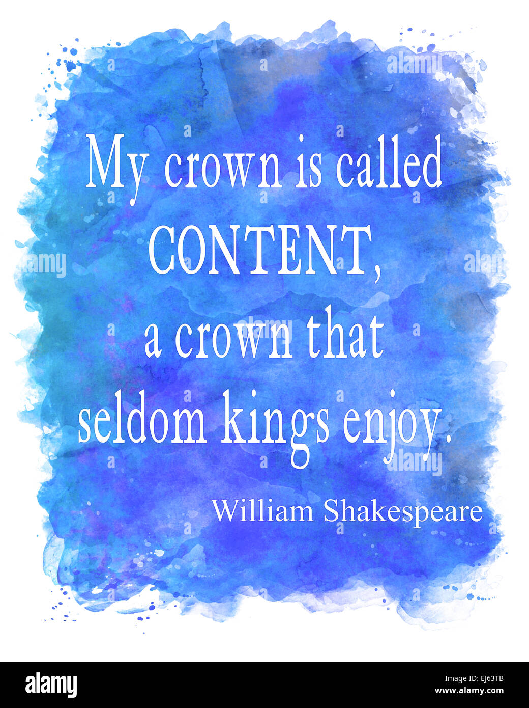 Shakespeare Content Watercolor Motivational Quote | Wall Art Inspirational Quotes in Teal, Blue, Purple, and White Stock Photo