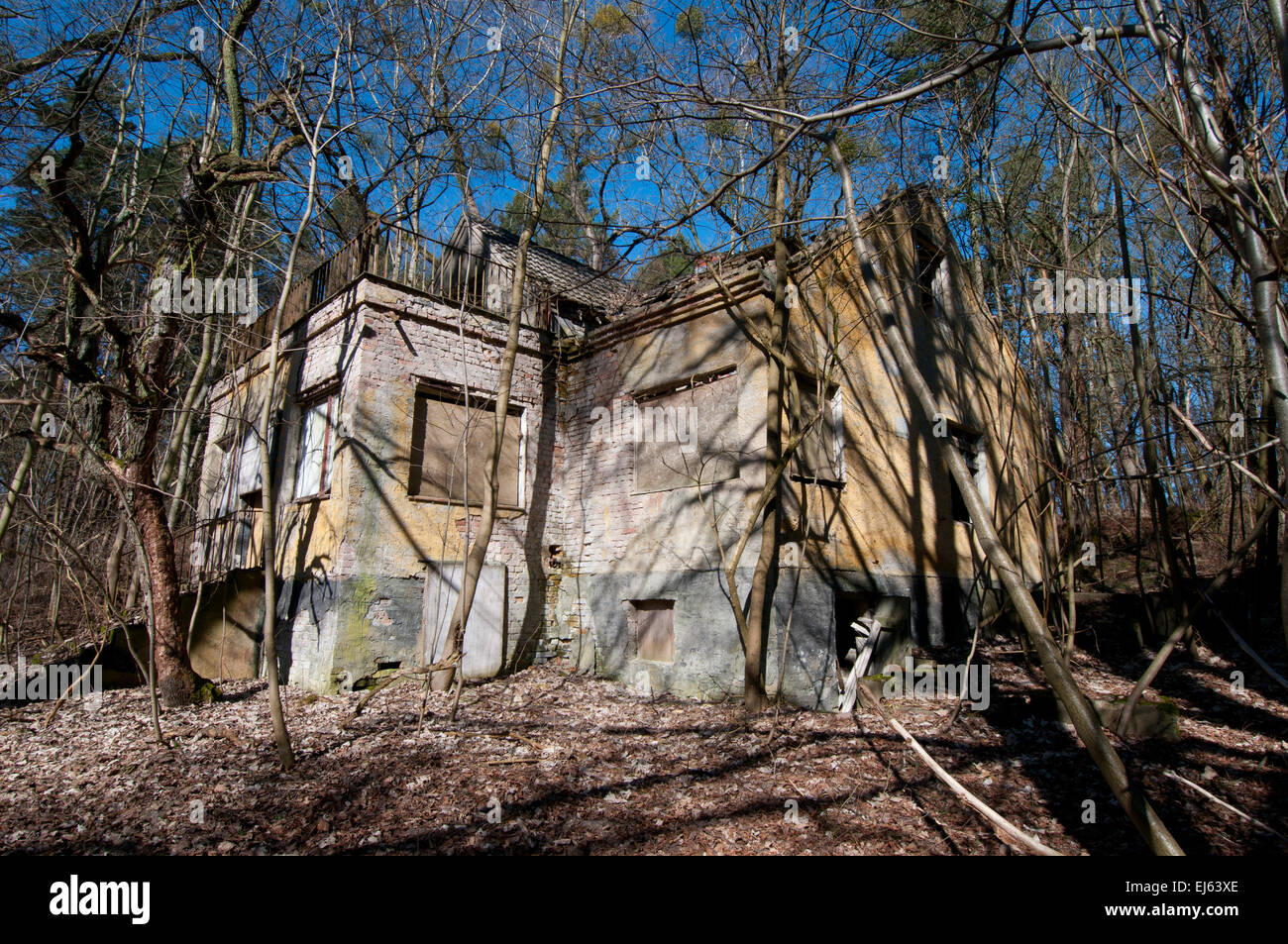 Dilapidated building in forest outside Ravensbrueck concentration camp Stock Photo