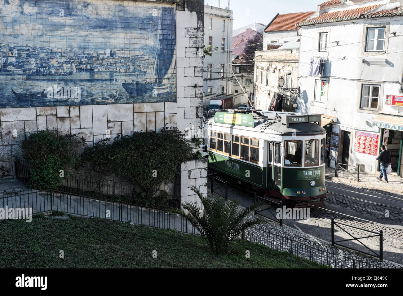 Boat and Tram, Alfama, Lisbon Stock Photo