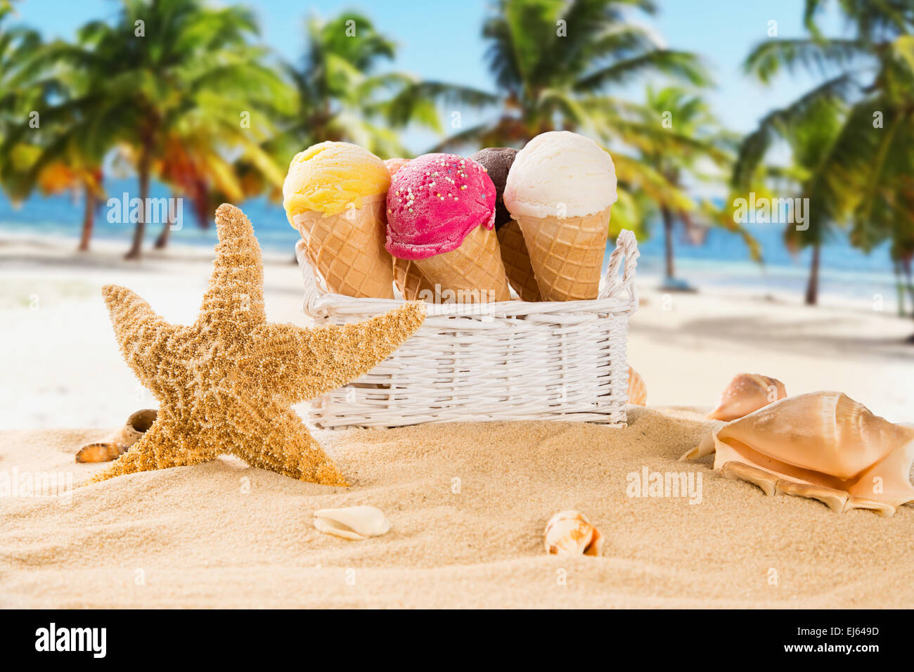 Ice cream scoops on sandy beach, closeup Stock Photo Alamy