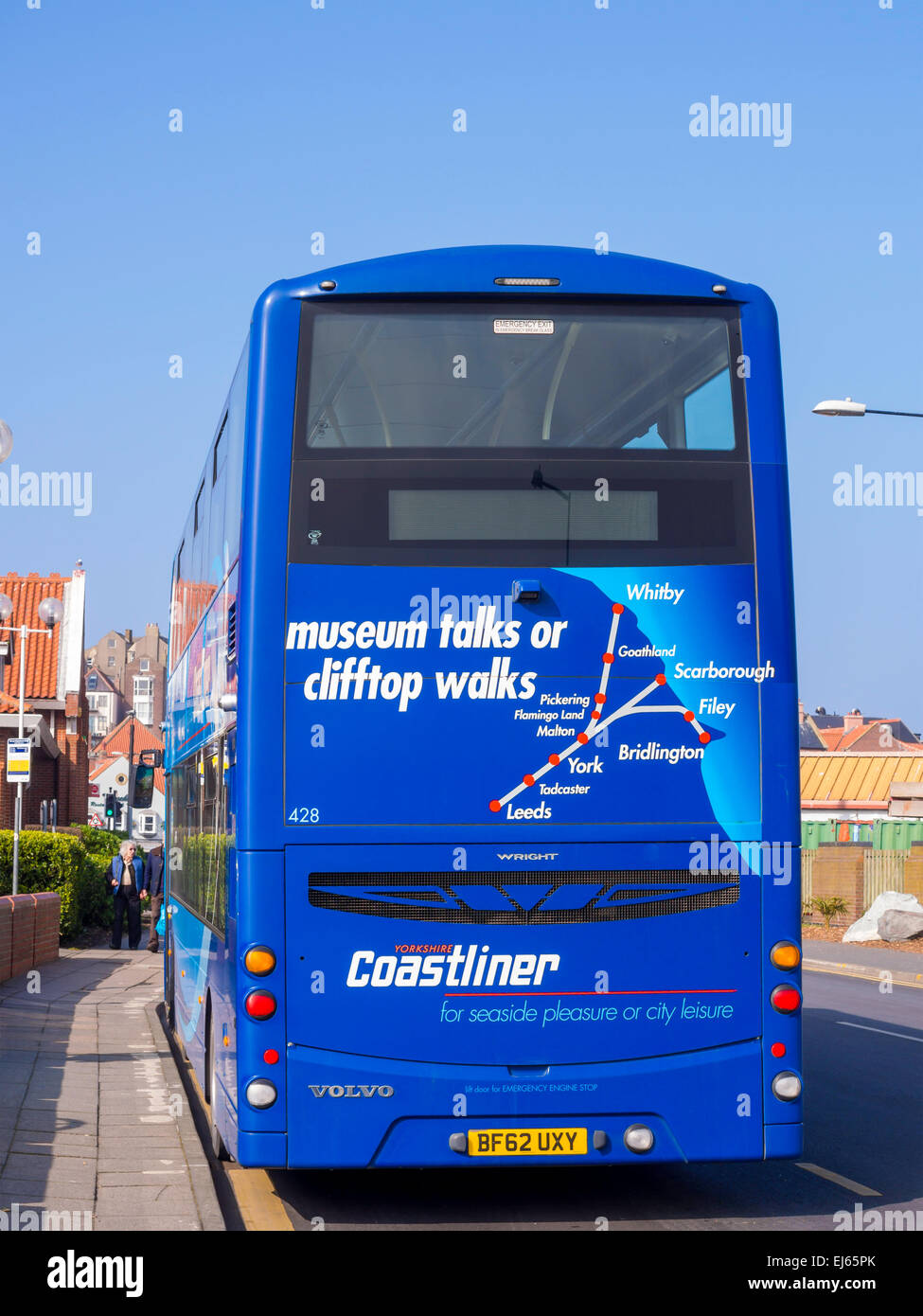 Rear of a Coastliner bus with a map showing the routes from Leeds to resorts on the Yorkshire Coast Stock Photo