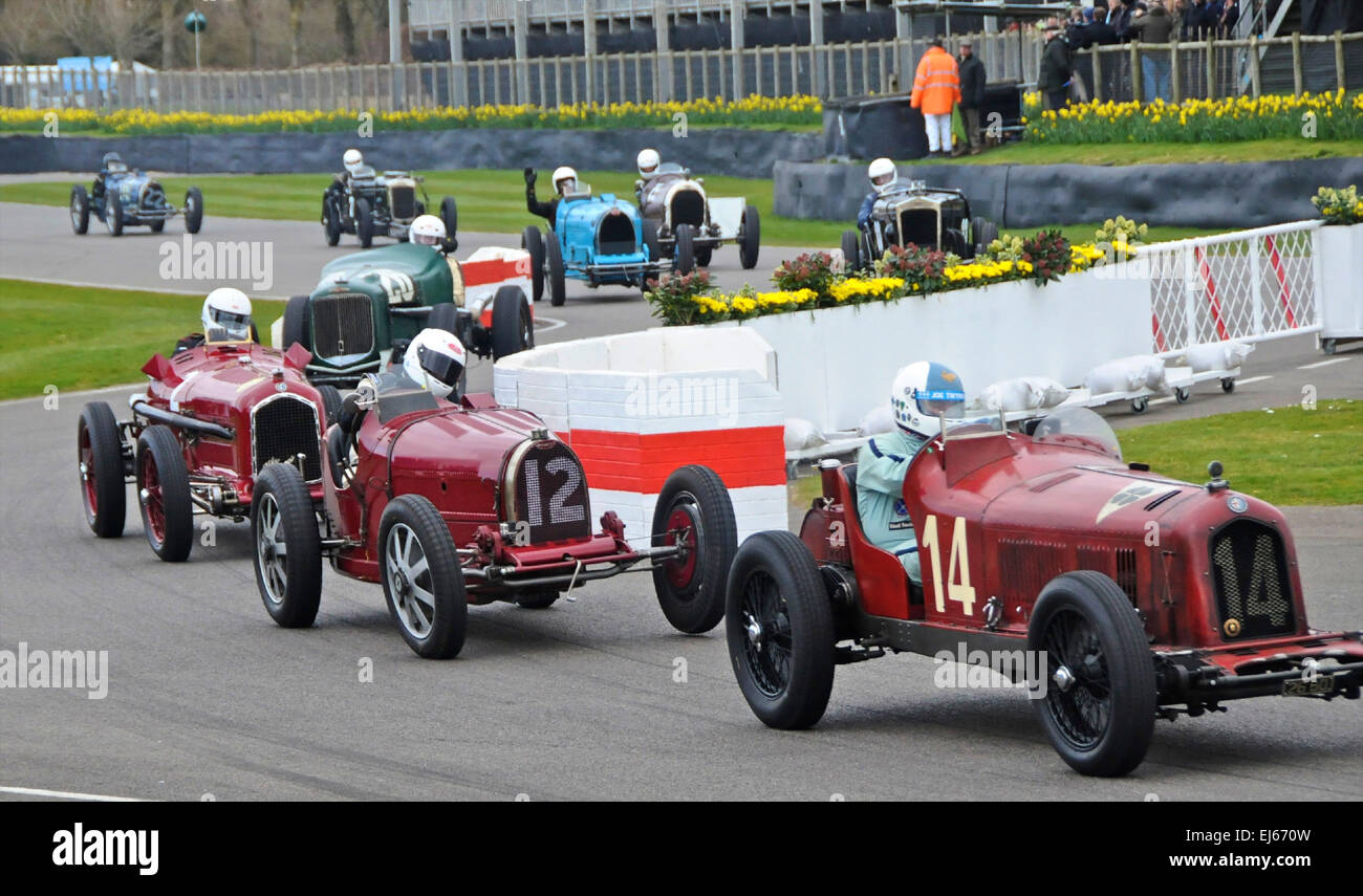Among the literally millions of pounds worth of motoring legends going through their paces at the 73rd Goodwood Member's Meeting held on 21st and 22nd March 2015 in Sussex were a fine collection of vintage Bugattis. Stock Photo