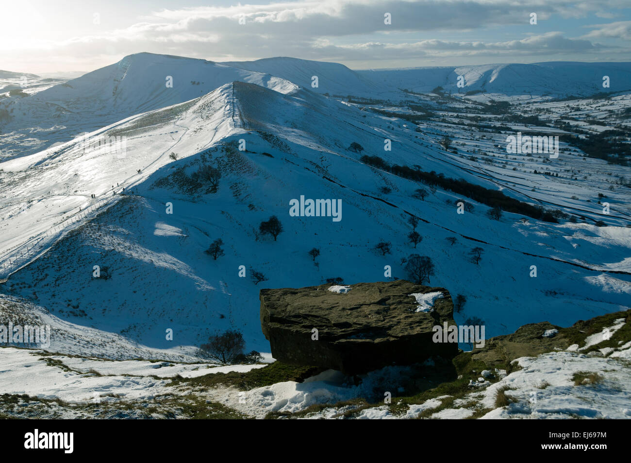Mam Tor and Edale in winter, from the 'Great Ridge' below Back Tor, Peak District, Derbyshire, England, UK. Stock Photo