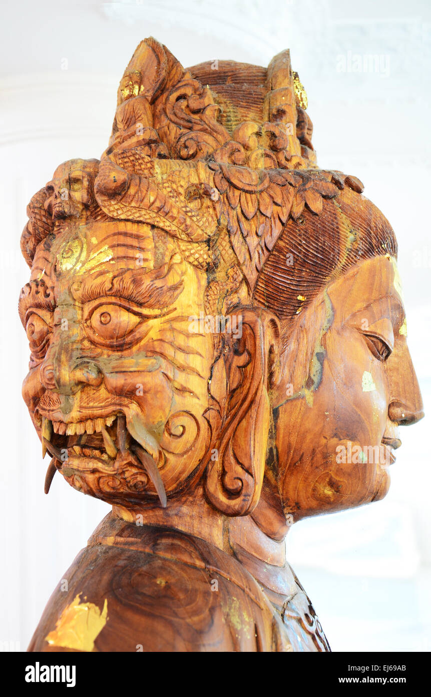 Carving Wooden Bodhisattva Goddess Statue or Guan Yin three face in