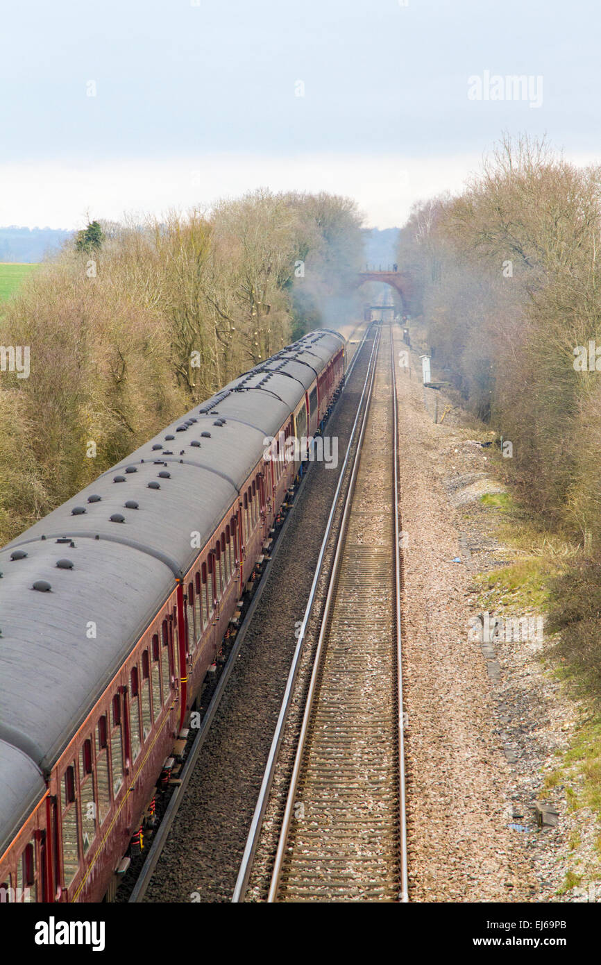 The carriages of The Cathedrals Express drawn by a British Rail Class 47 diesel passing through the Surrey countryside Stock Photo