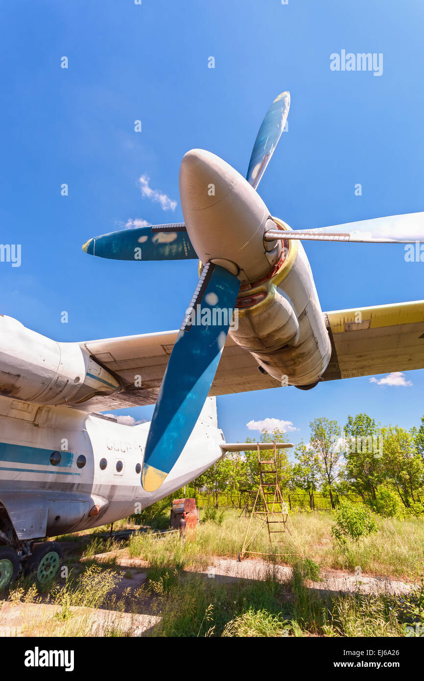 Turbines of turboprop aircraft An-12 at an abandoned aerodrome Stock ...
