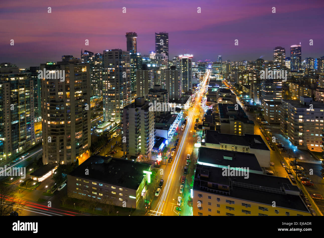 Vancouver British Columbia Canada Cityscape along Robson Street at  Night Aerial Stock Photo