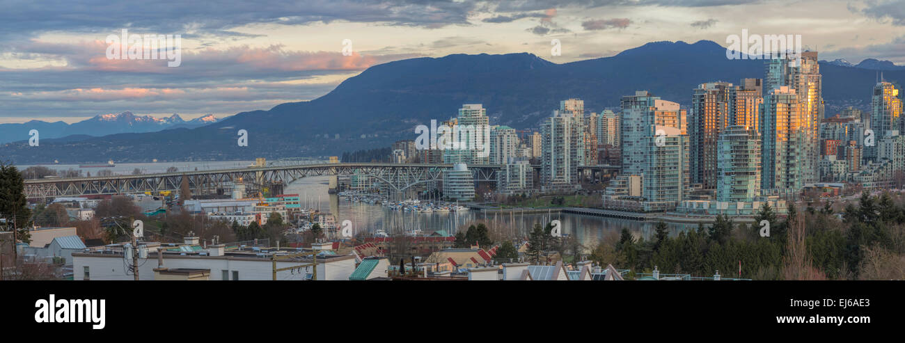 Vancouver British Columbia Canada City Skyline and Granville Island Bridge During Sunrise Panorama Stock Photo