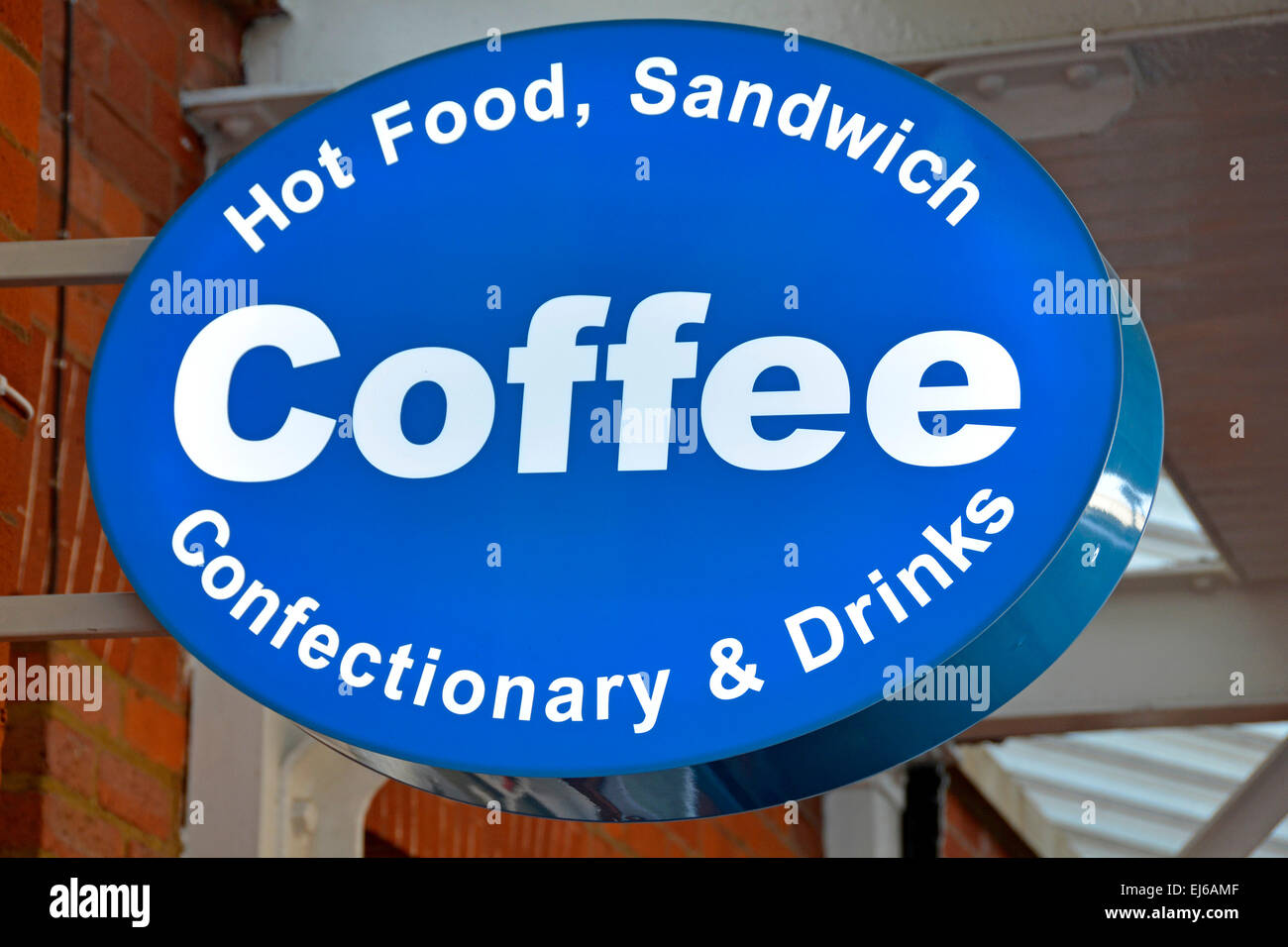 Sign above train station platform for independent coffee shop buffet café  proprietor selling drinks hot food sandwich confectionary Essex England UK Stock Photo