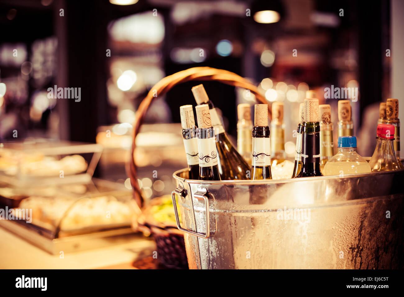 Wine bar tasting set up tray decoration bottles in restaurant Stock