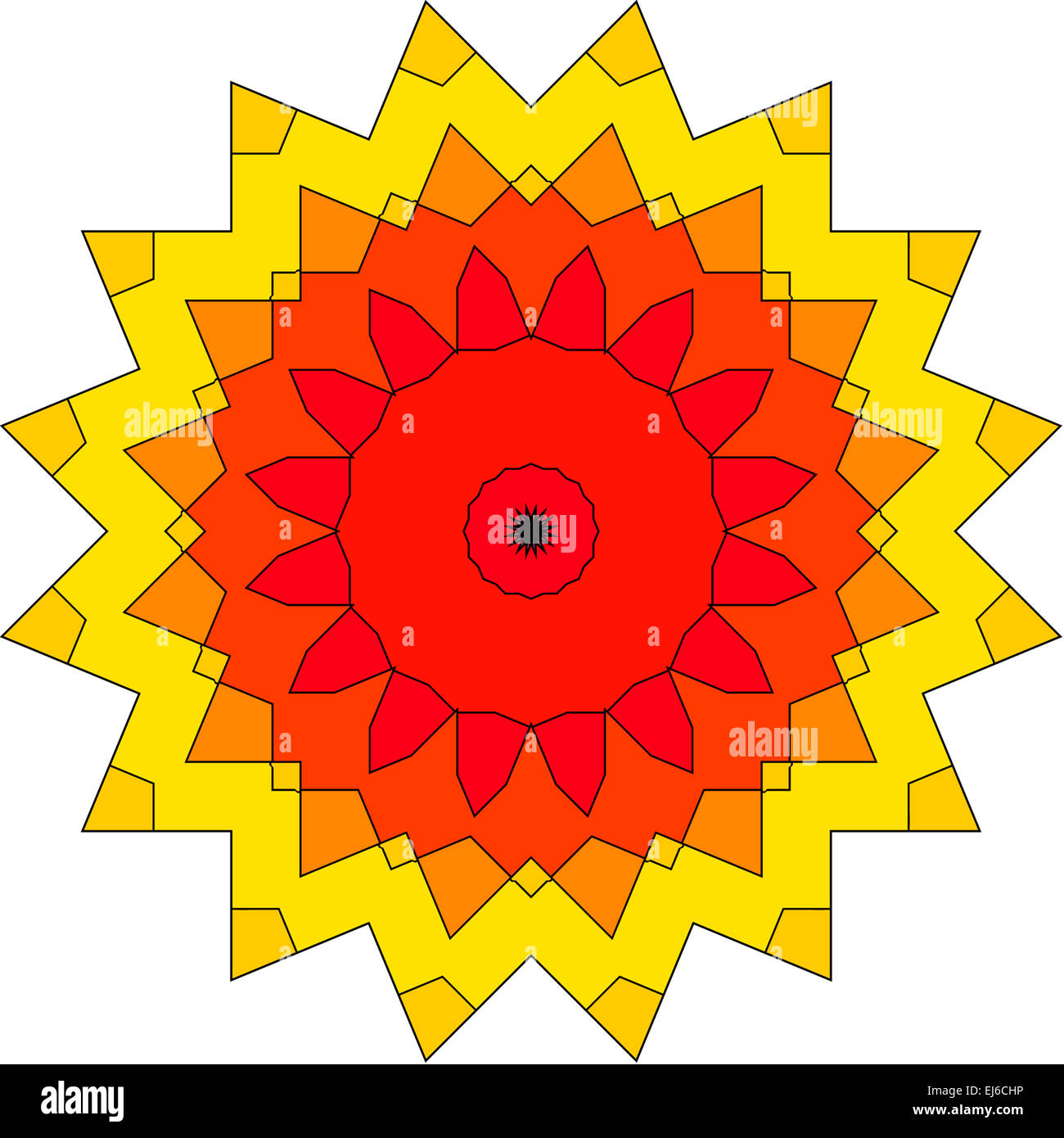 Mandala flower illustration in red and yellow, set on a white ...