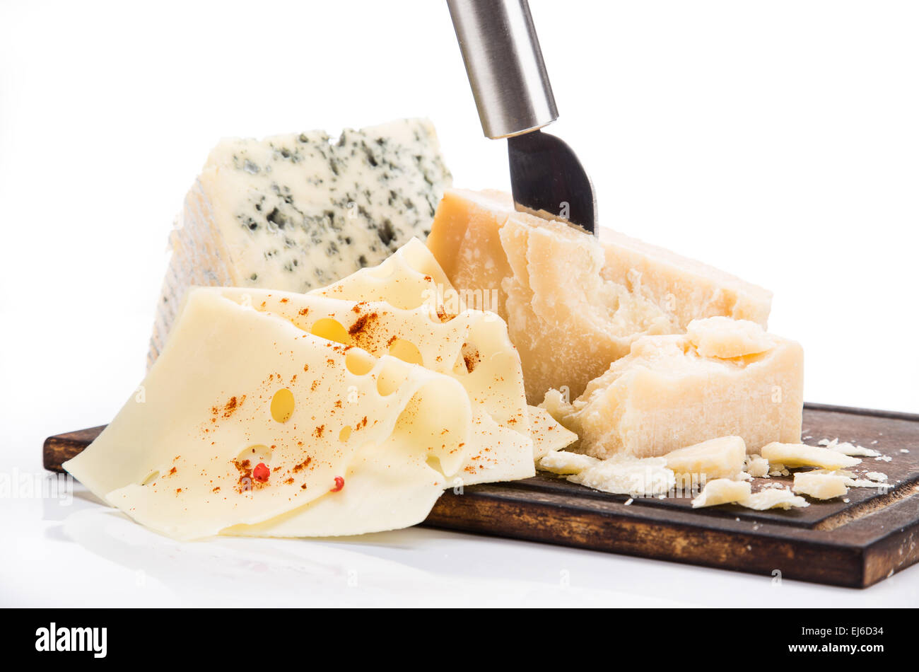 Various types of cheese on white background Stock Photo - Alamy