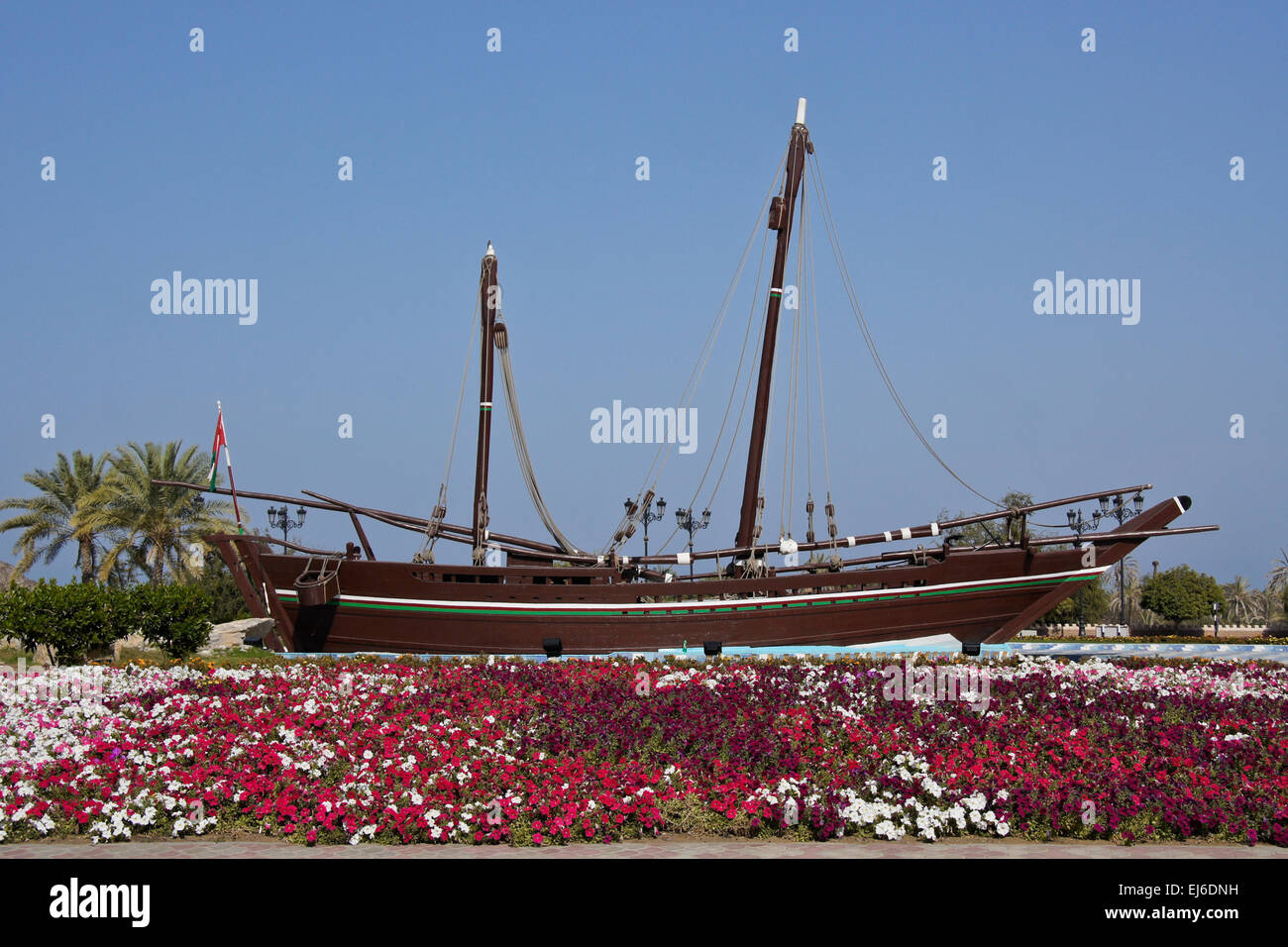 Replica of 'Sohar' wood boat in Al-Bustan Roundabout, Muscat, Sultanate of Oman Stock Photo