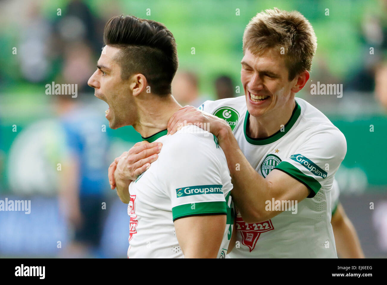 Budapest, Hungary. 22nd March, 2015. David Mateos of Ferencvaros (l) is celebrated by Michal Nalepa during Ferencvaros vs. MTK OTP Bank League football match in Groupama Arena. Credit:  Laszlo Szirtesi/Alamy Live News Stock Photo