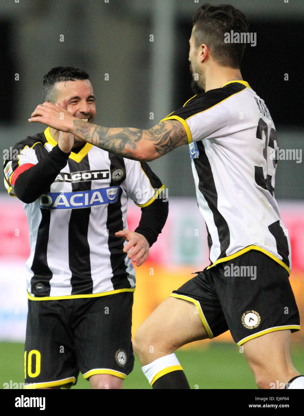 Udine, Italy. 22nd March, 2015. Udinese's midfielder Panagiotis Kone celebrates after scoring goal 2-2 with Udinese's forward Antonio Di Natale during the Italian Serie A football match between Udinese and Fiorentina on Sunday 22 March 2015 at Friuli Stadium. Credit:  Andrea Spinelli/Alamy Live News Stock Photo