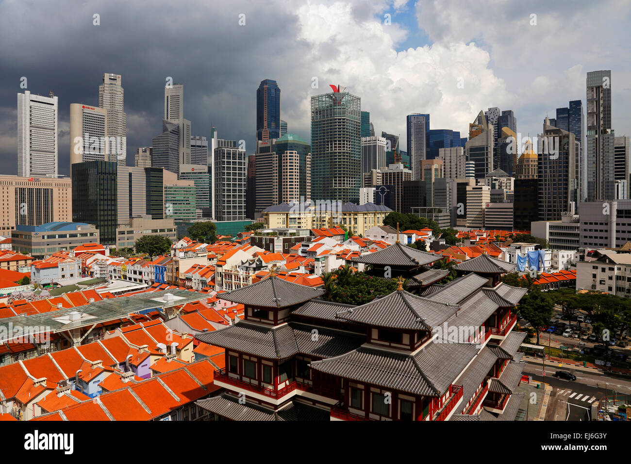 View of Chinatown towards the downtown area of Singapore with the Buddha Tooth Relic Temple and Museum in the foreground Stock Photo
