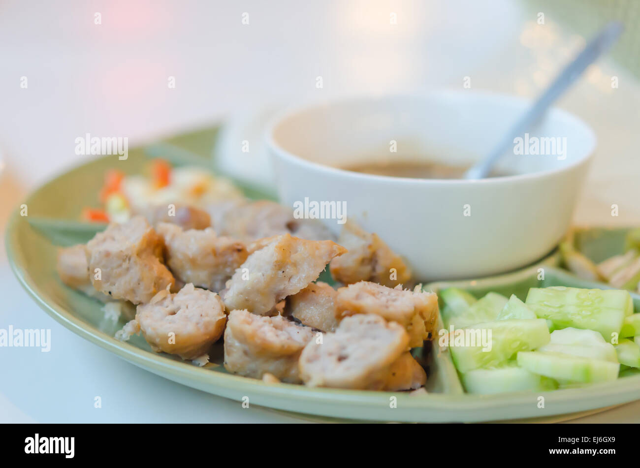 Grilled pork balls with condiments and Peanut Sauce , Vietnamese cuisine Stock Photo