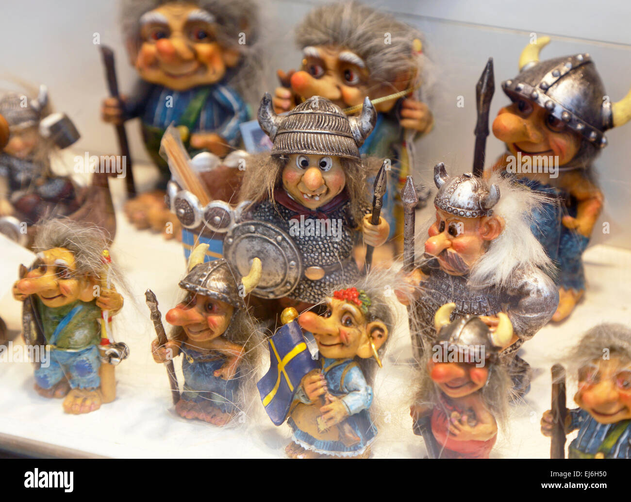 Viking troll souvenirs in a window display, Stockholm, Sweden. Stock Photo