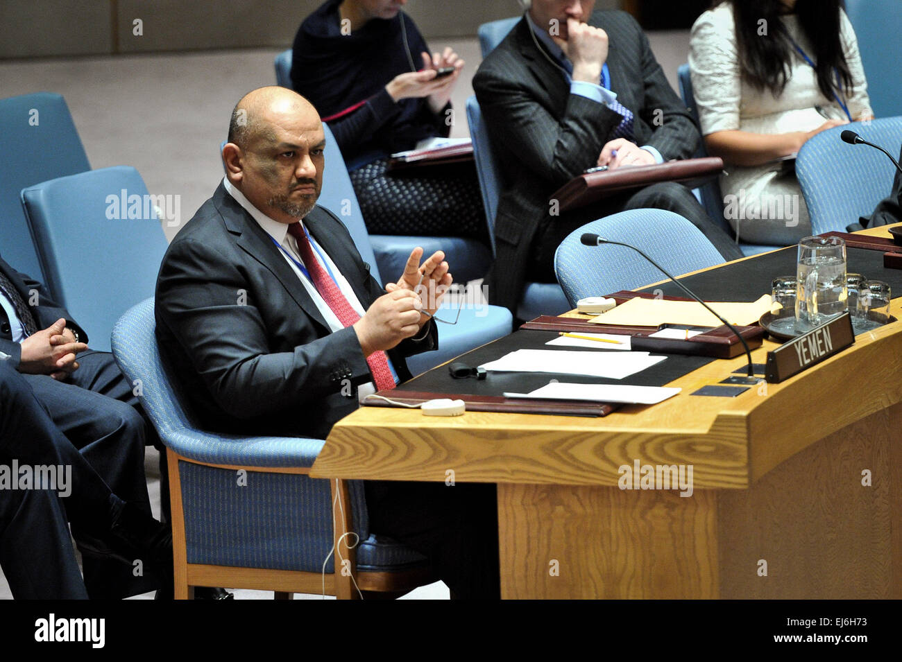 New York, UN headquarters in New York. 22nd Mar, 2015. Yemen's Permanent Representative to the UN Khaled Hussein Mohamed Alyemany looks on during an emergency meeting of the UN Security Council regarding the situation of Yemen, at the UN headquarters in New York, on March 22, 2015. The UN Security Council on Sunday adopted a presidential statement on Yemen, voicing support for Yemeni President Abdo Rabbo Mansour Hadi and calling upon all parties to refrain from taking actions that undermine the legitimacy of the president. © Niu Xiaolei/Xinhua/Alamy Live News Stock Photo