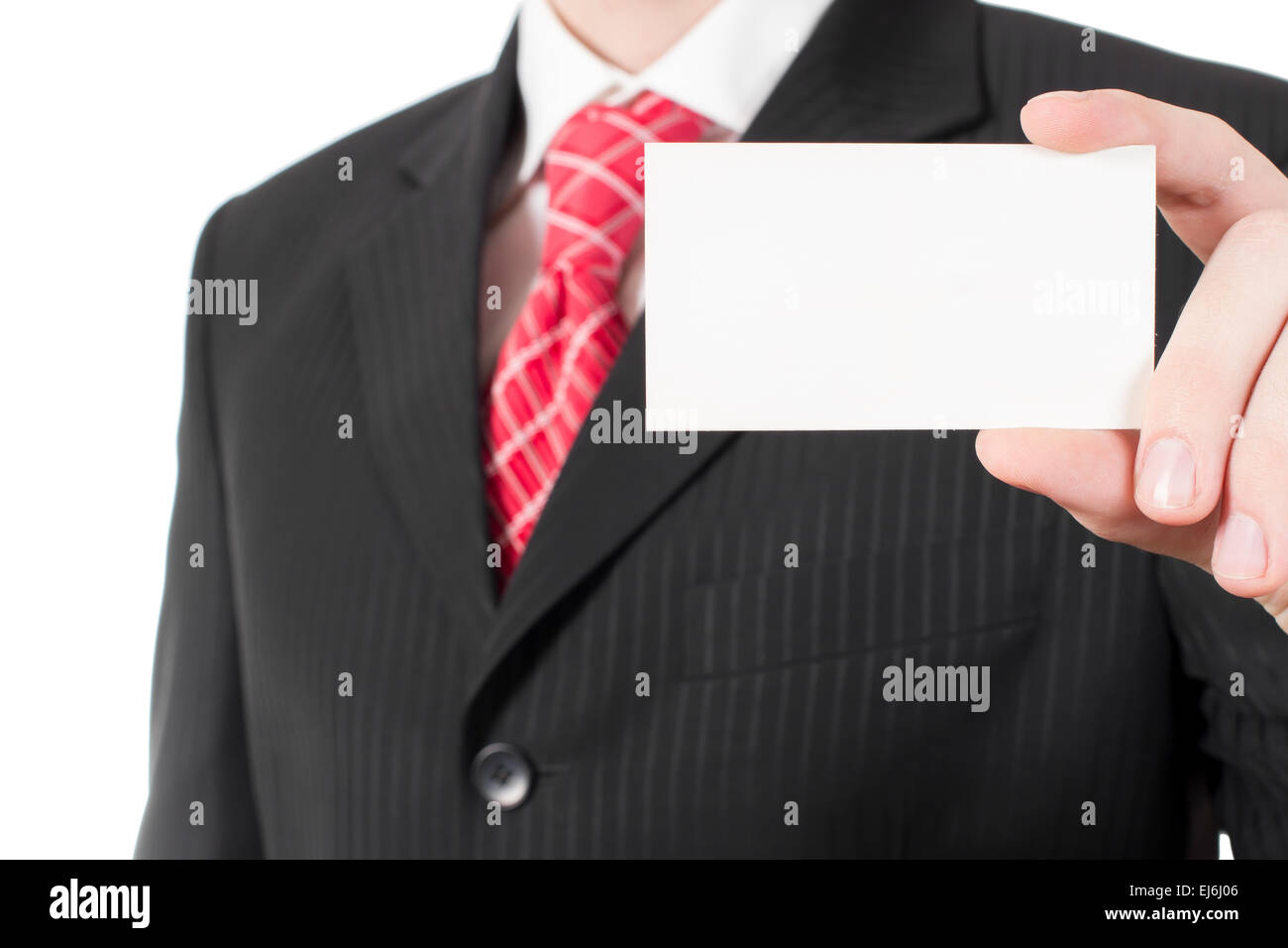 Card in hand at the man in the suit Stock Photo