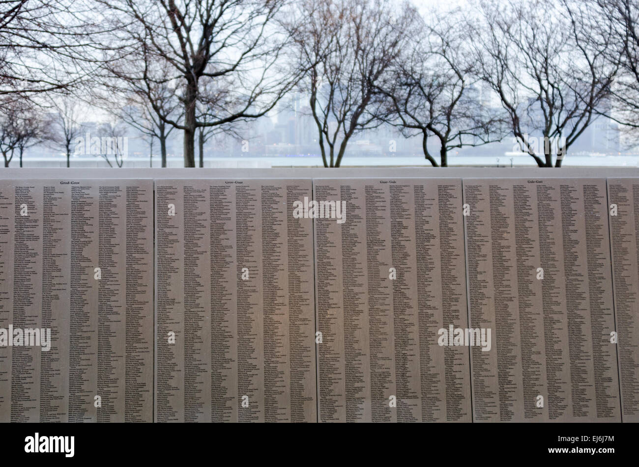 A section of the American Immigrant Wall of Honor, Ellis Island, on a