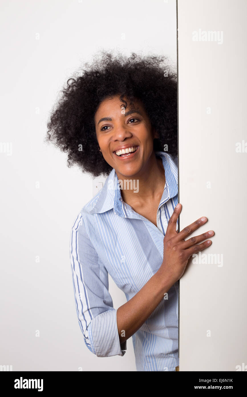 young woman holding a blank board for copyspace Stock Photo
