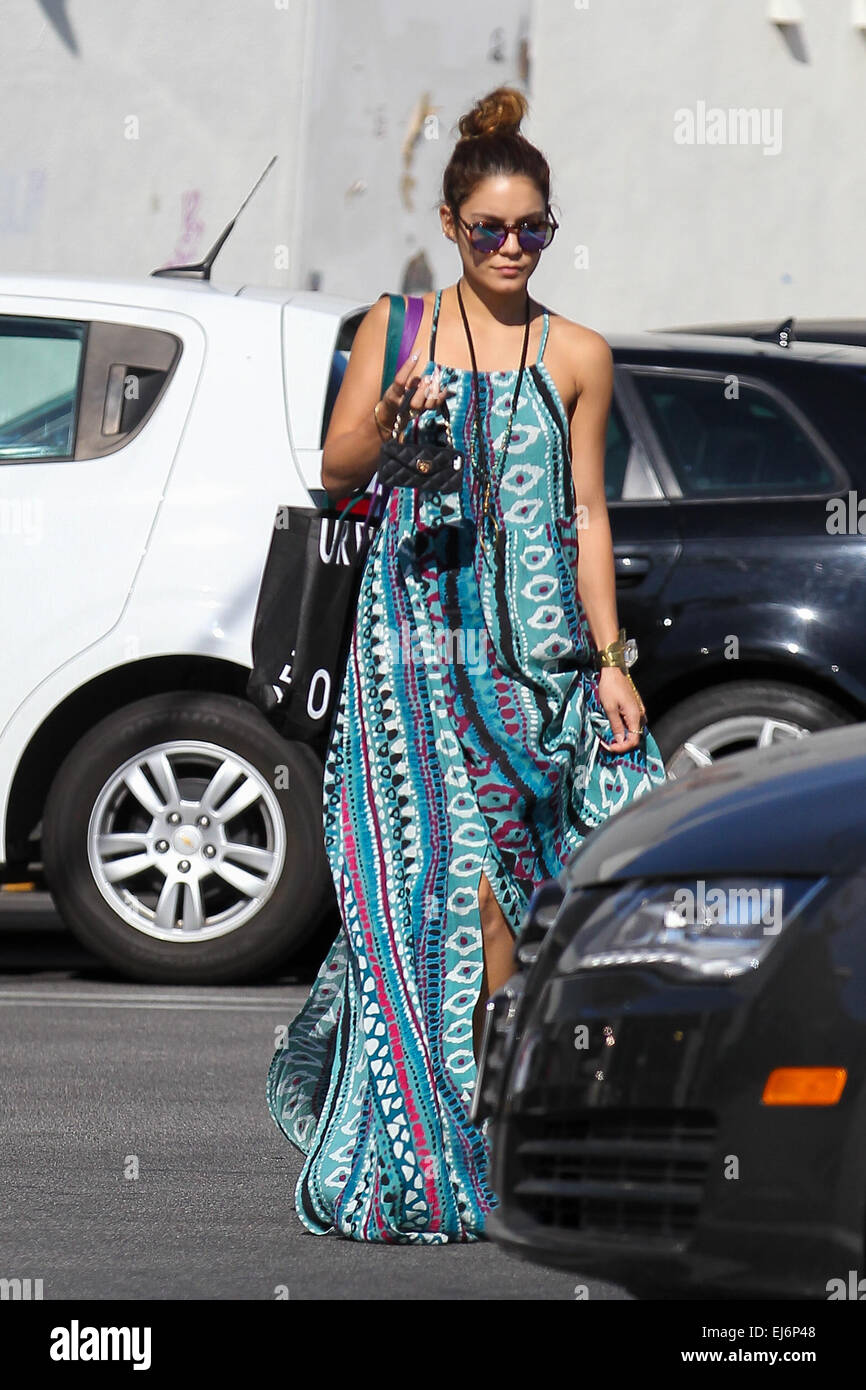 Vanessa Hudgens leaving Urban Outfitters store in Studio City wearing a  blue maxi dress Featuring: Vanessa Hudgens Where: Los Angeles, California,  United States When: 17 Sep 2014 Stock Photo - Alamy