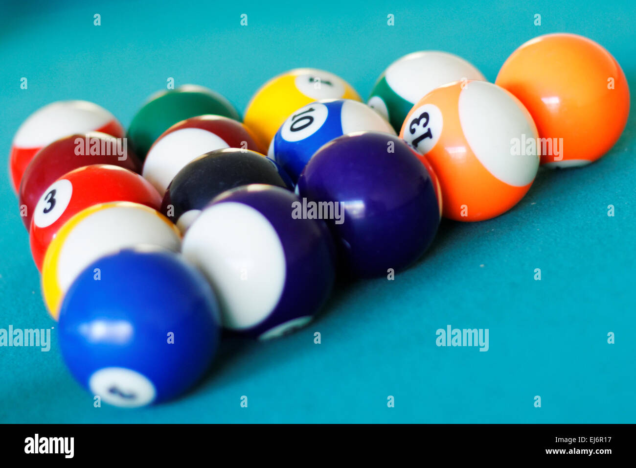 Closeup of pool balls racked in triangle on a pool table Stock Photo Alamy