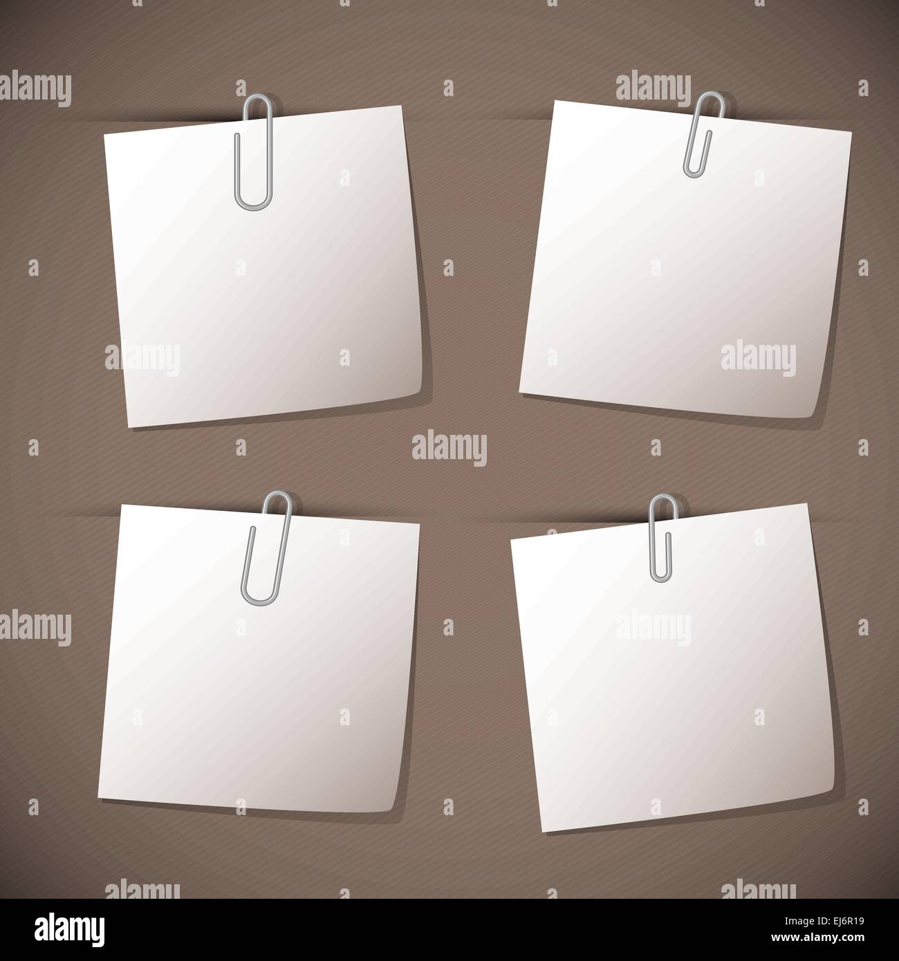 Note papers with paperclip on brown background, stock vector Stock Vector