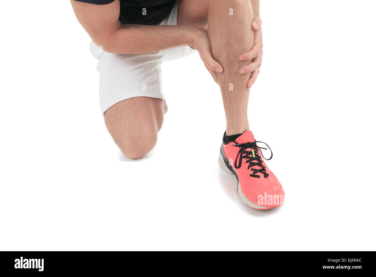 Running physical injury, leg muscle pain in studio Stock Photo