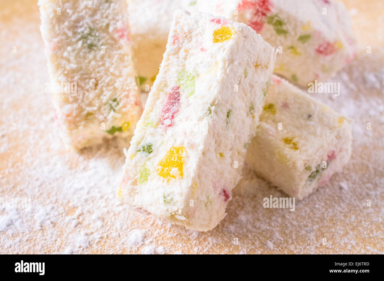 Turkish Delight, fruit pastes, white dessert with fruit pieces Stock Photo