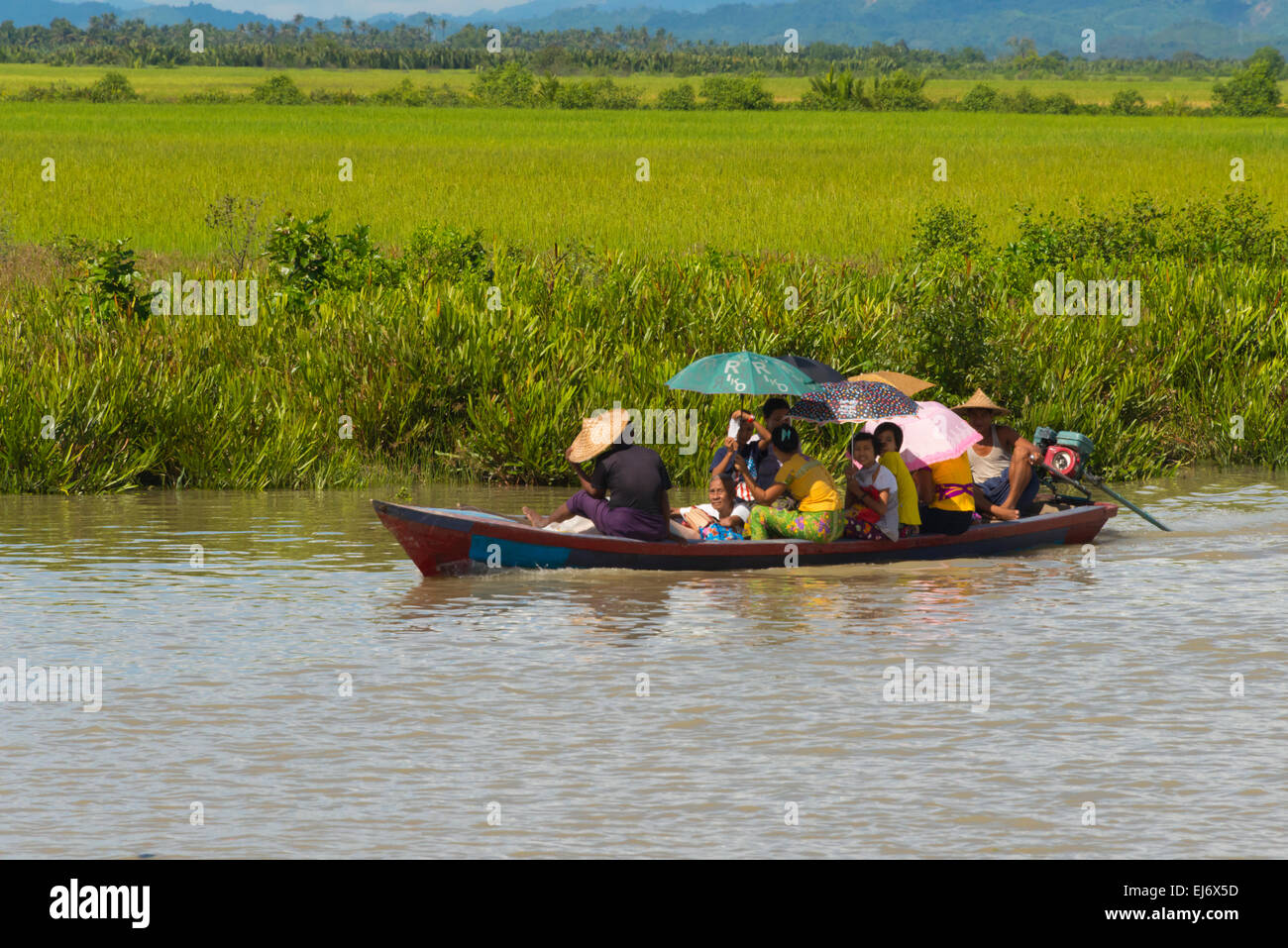Boat on the Kaladan River, between Sittwe and Mrauk-U, Rakhine State, Myanmar Stock Photo