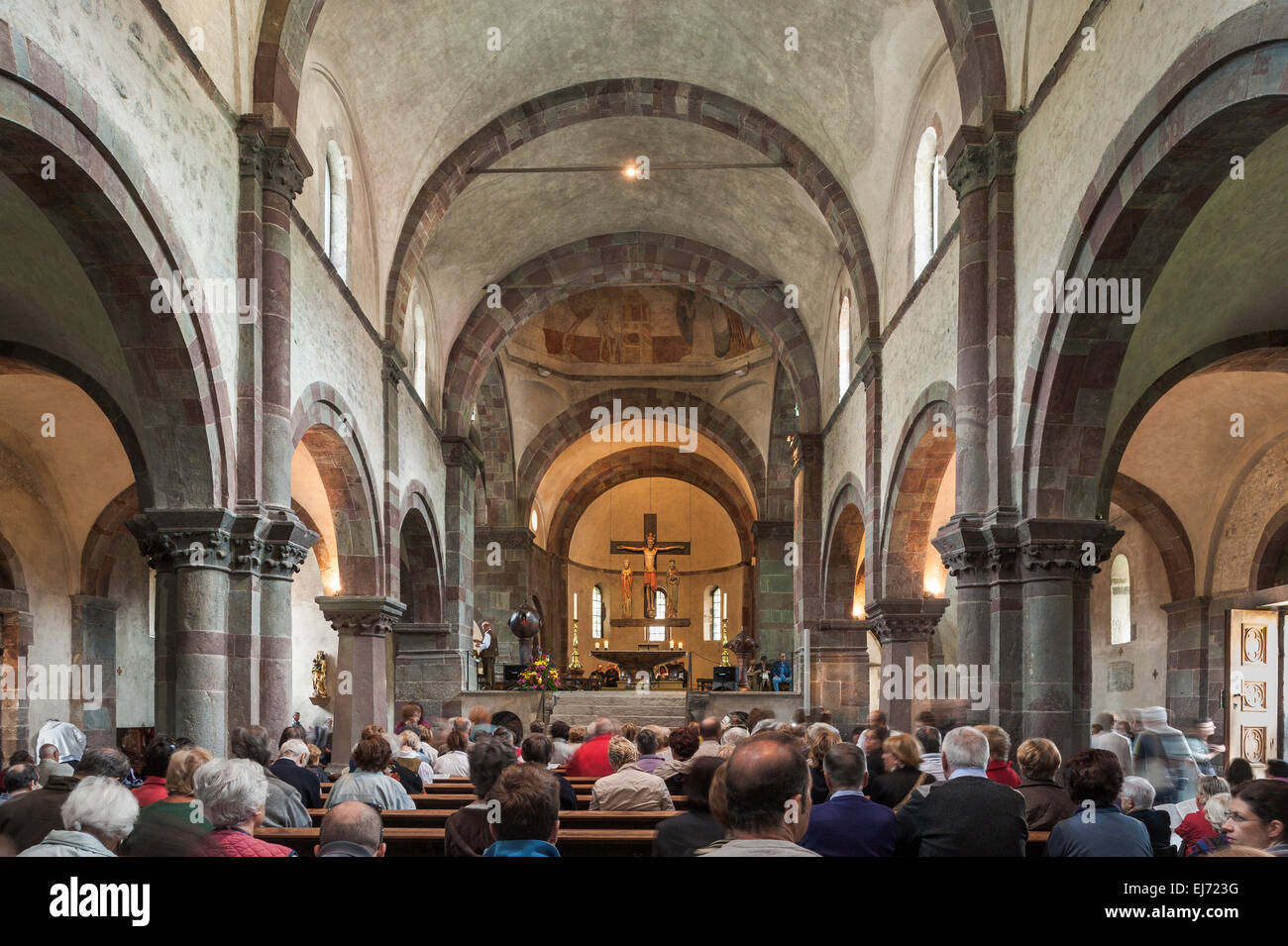 Collegiate Church, interior view, Romanesque basilica, 12th century, Innichen, San Candido, South Tyrol, Italy Stock Photo