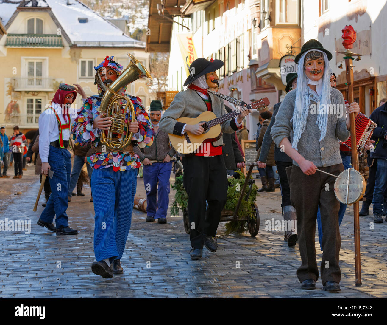 Fasching carnival with musicians and Maschkera, Mittenwald, Werdenfelser Land, Upper Bavaria, Bavaria, Germany Stock Photo
