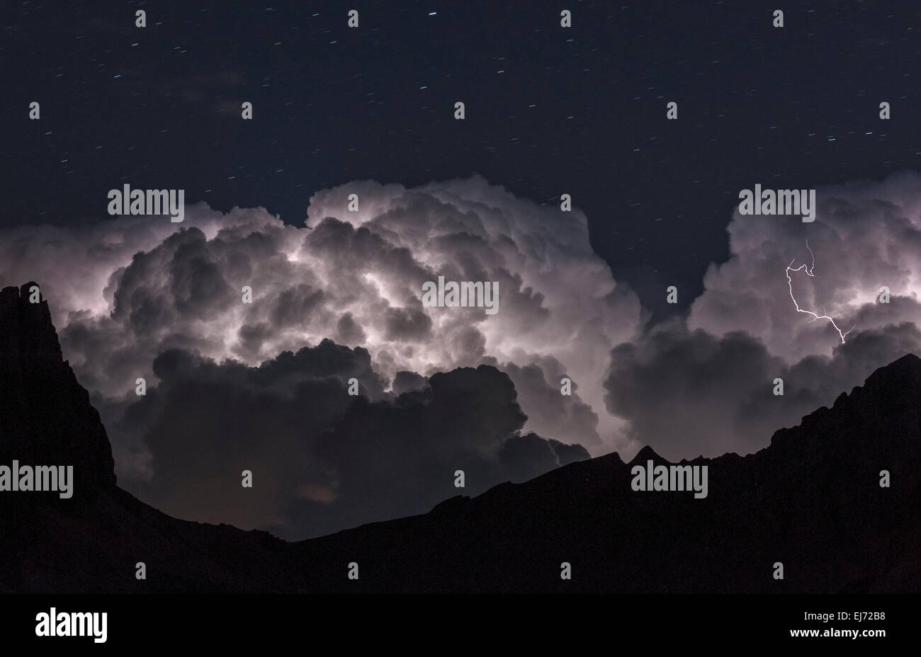 Thunderstorm in the night sky, view from the Tre Cime di Lavaredo area, Dolomites, Cortina d'Ampezzo, Veneto, Italy Stock Photo