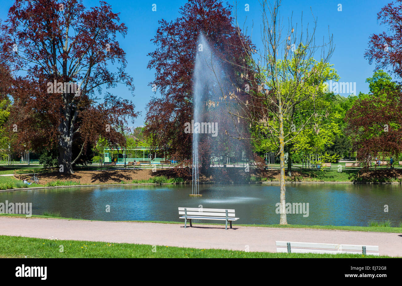 Water jet Parc de l'Orangerie park Strasbourg Alsace France Europe Stock Photo