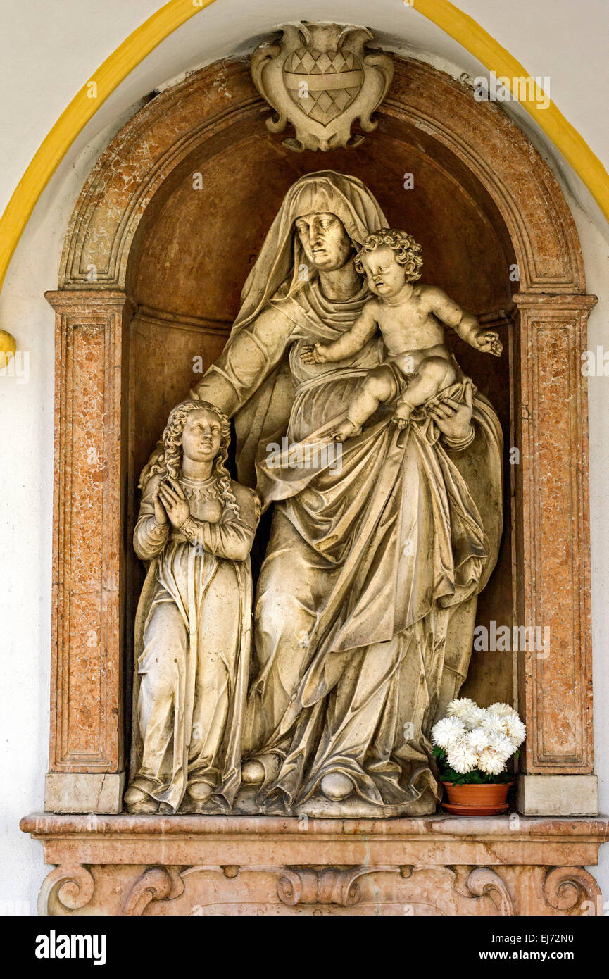 Sculpture of St. Anne with Mary and the child, Pilgrimage Church of Mariahilf Monastery, courtyard, Passau, Lower Bavaria Stock Photo