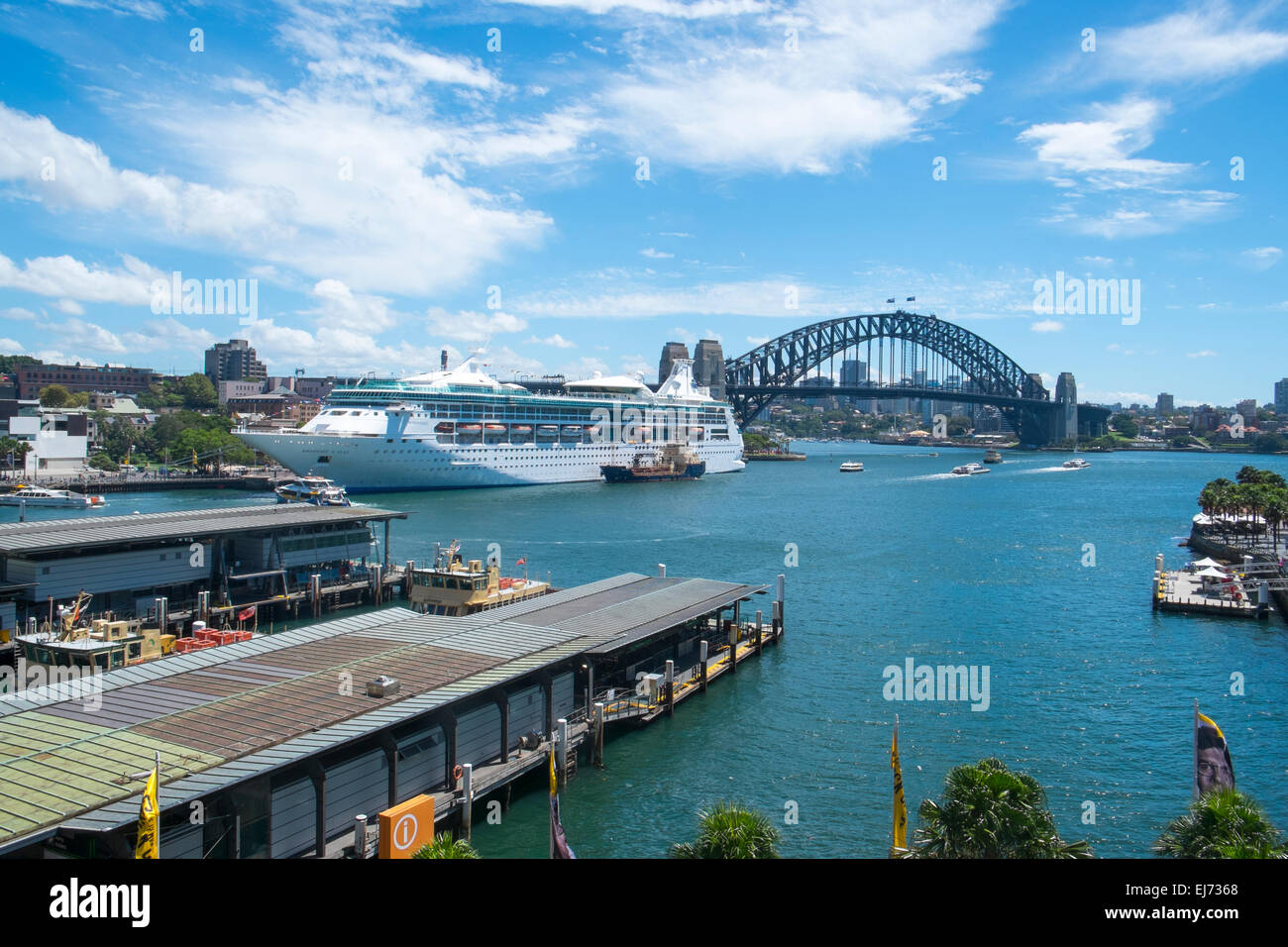 view of sydney harbor and the harbour bridge, rhapsody of the seas liner docked at the overseas passenger terminal,sydney Stock Photo