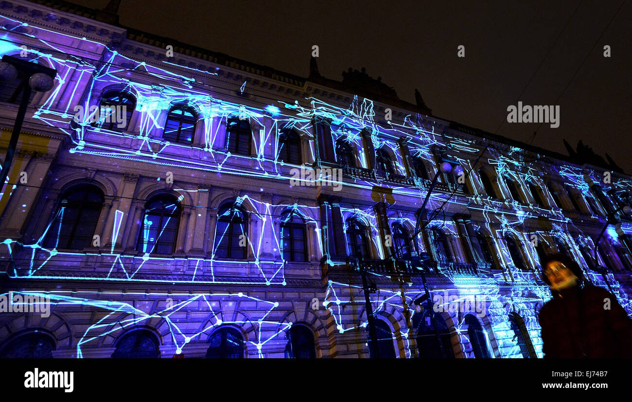 Video mapping story My World of Miracles was screened during the celebration of 125th anniversary of Science Academy on academy´s main building, in Prague, Czech Republic, March 22, 2015. The Czech Academy of Sciences (AV CR) marks 125 years from its establishment and celebrates the anniversary by organising a series of events. The events include exhibitions, lectures and a videomapping, a project to acquaint the public with historical milestones linked to AV CR and with significant scientists. (CTK Photo/Katerina Sulova) Stock Photo