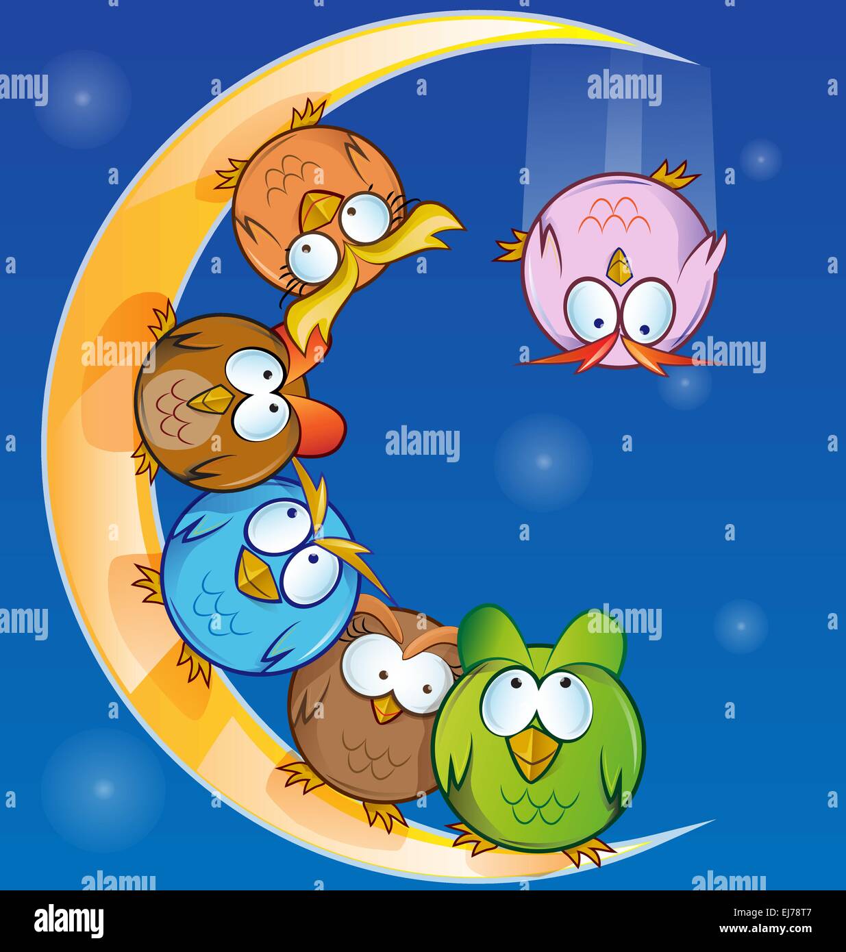 owl group cartoon on moon Stock Vector