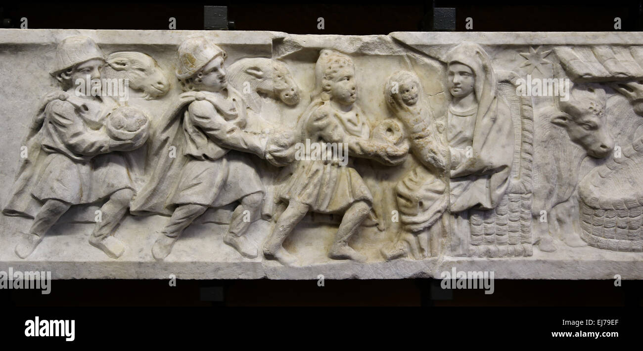 Christian-Roman.Fronts of sarcophagus lids. 4th c. AD. Adoration of the Magi. Unknown provenance. Vaticans Museum. Stock Photo