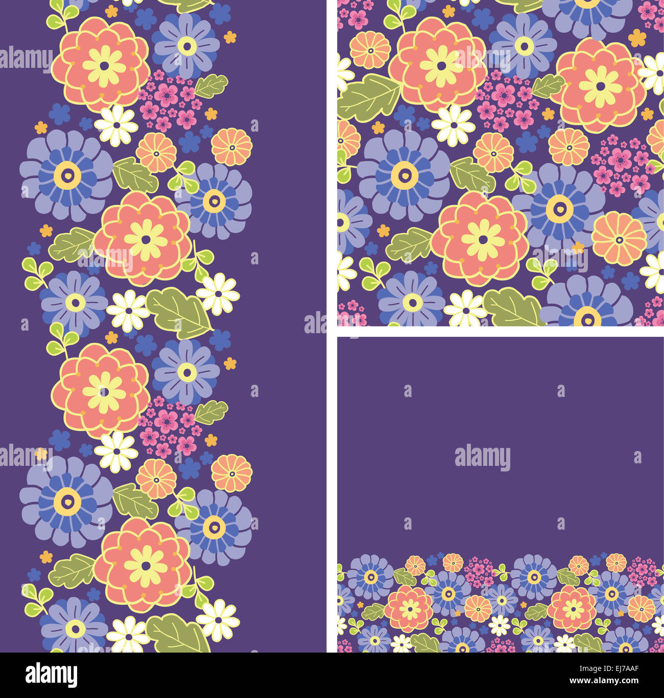 Set of purple flowers seamless pattern and borders backgrounds Stock ...