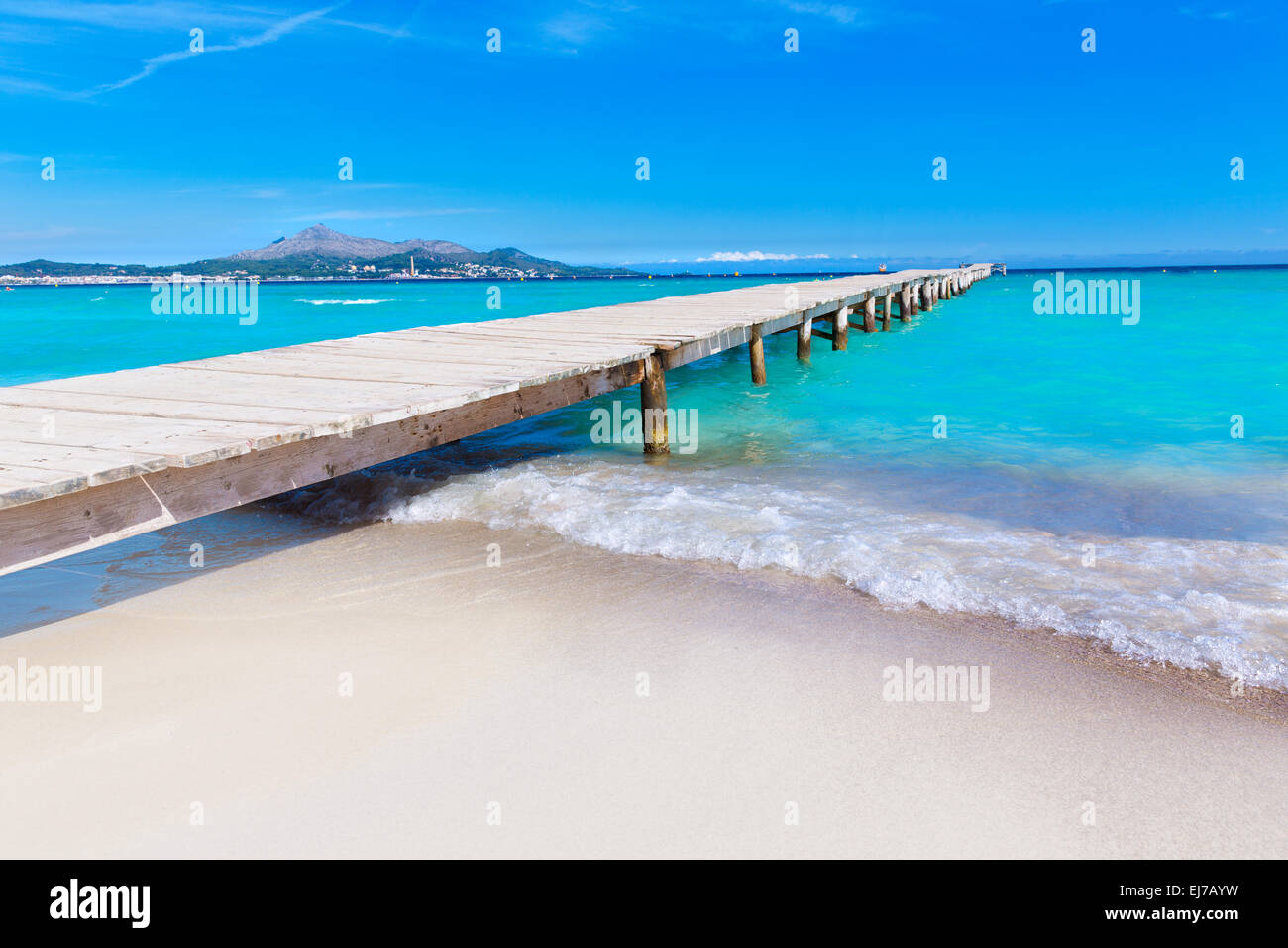 Majorca Platja de Muro beach pier in Alcudia bay in Mallorca Balearic islands of Spain Stock Photo