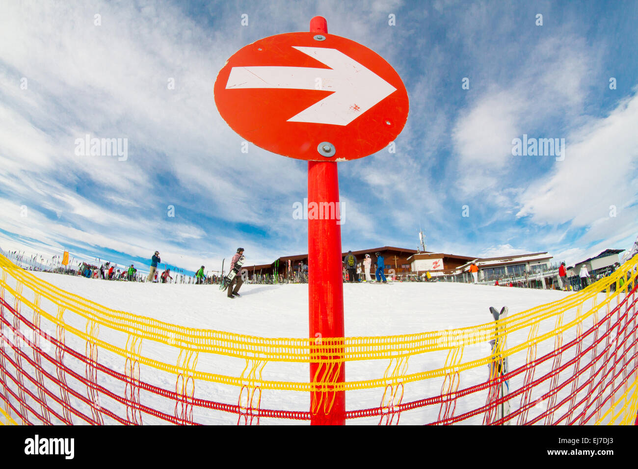Red piste sign on Hintertux gletscher ski resort, Tirol Austria Stock Photo