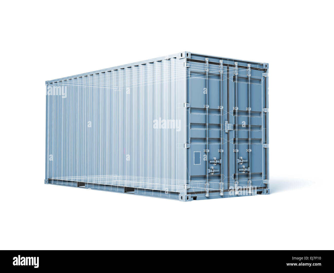Cargo container, digital blue toned render with wireframe lines isolated on white Stock Photo