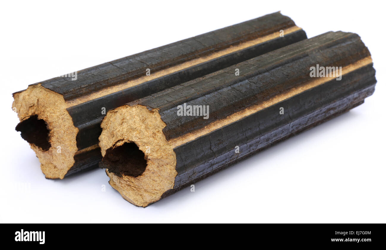 Cheap bio fuel for household burner over white background Stock Photo