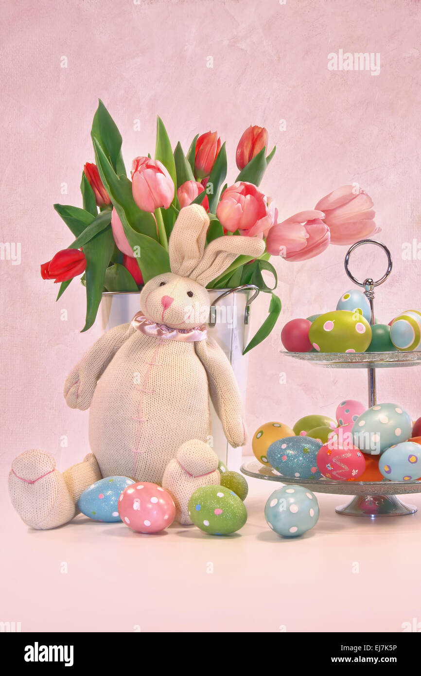 Easter bunny pink tulips and eggs Stock Photo - Alamy